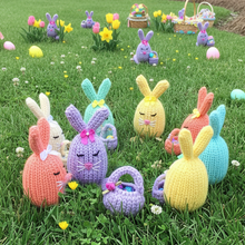 Load image into Gallery viewer, Loom Knit Tiny Easter Bunnies with Basket Pattern 24 peg s - video tutorial Copyright Loomahat