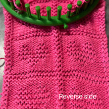 Load image into Gallery viewer, Loom Knit Garter Stitch Heart Square Copyright Loomahat Reverse Side