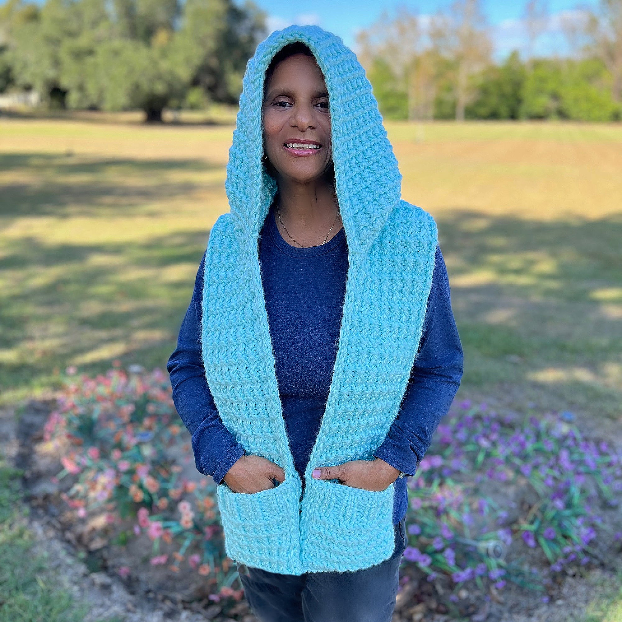Chole easy hooded scarf with pocket free crochet pattern.