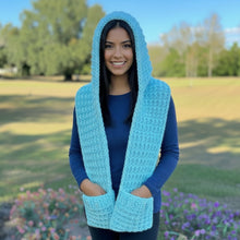 Load image into Gallery viewer, Loom Knit Waffle Stitch Hooded Scarf with Pockets Project Pattern with Video Copyright Loomahat