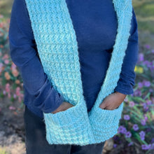 Load image into Gallery viewer, Loom Knit Horizontal Broken Rib Stitch Hood Scarf with Pockets Pattern on Round Loom with Video Copyright Loomahat
