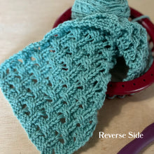 Load image into Gallery viewer, Loom Knit Stitch Hourglass Eyelet on a Large gauge room