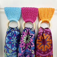 Load image into Gallery viewer, Loom Knit Kitchen Towel Holder Topper Pattern made with a round 24 peg loom Copyright Loomahat