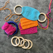 Load image into Gallery viewer, Loom Knit Kitchen Towel Holder Topper Hanger Project Pattern made with a round 24 peg loom Copyright Loomahat