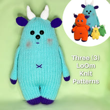 Load image into Gallery viewer, Loom Knit Toy Cuddly Monster Pattern on a Circle Loom with Red Heart Yarn in Mint and Purple
