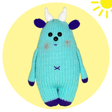 Load image into Gallery viewer, Loom Knit Weighted Toy Doll Cuddly Monster Pattern on a Circle Loom with Red Heart Yarn in Mint and Purple