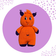 Load image into Gallery viewer, Loom Knit Toy Doll Lil Cuddly Monster Pattern on 41 peg Circle Loom with Red Heart Yarn in Orange and Purple
