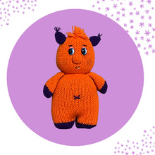 Load image into Gallery viewer, Loom Knit Toy Doll Lil Cuddly Monster Pattern on 41 peg Circle Loom with Red Heart Yarn in Orange and Purple