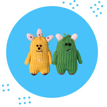Load image into Gallery viewer, Loom Knit Toy Doll Mini Cuddly Monster Pattern on 24 peg Circle Loom with Red Heart Yarn in Yellow Green Pink and Purple