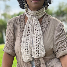 Load image into Gallery viewer, Loom Knit Lace Wheat and Garter Stitch Lacy Skinny Scarf knit on round loom with Simply Soft Off-White yarn. Copyright Loomahat Pattern