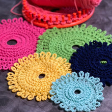 Load image into Gallery viewer, Loom Knit Granny Round Doilies Dish Wash cloth Pattern on 24 31 36 41 peg Round Loom Copyright Loomahat