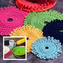 Load image into Gallery viewer, Loom Knit Pot Protector Liner Coaster Dish Wash cloth Pattern on 24 31 36 41 peg Round  Loom Copyright Loomahat