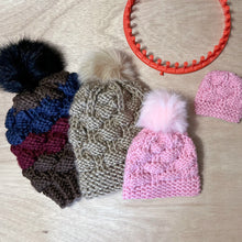 Load image into Gallery viewer, Loom knit hat pattern mommy daughter doll on round loom Knit with Lion Brand  Yarn . Copyright Loomhat