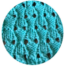 Load image into Gallery viewer, Reverse side of Loom Knit Acorn Eyelet Lace Stitch Pattern Copyright Loomahat