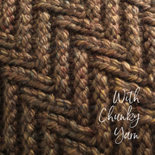 Load image into Gallery viewer, Loom Knit Chevron Zig Zag Diagonal Stitch Pattern on a blue 24-peg knitting loom. Made wih Lion Brand Chunky Yarn