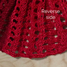 Load image into Gallery viewer, Loom Knit Large Double Eyelet Infinity Scarf Pattern using a 36 peg loom and red worsted red yarn. Copyright Loomahat
