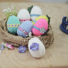 Load image into Gallery viewer, Loom knit Easter Eggs Copyright made on 24 peg loom with Red Heart Yarn Loomahat