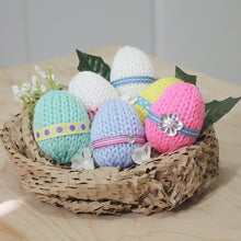 Load image into Gallery viewer, Loom knit Easter Eggs Copyright made on 24 peg loom with Red Heart Yarn Loomahat