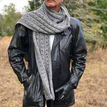 Load image into Gallery viewer, Loom Knit Men's Scarf Copyright Loomahat Scarves Pattern  Red Heart Yarn Grey Heather
