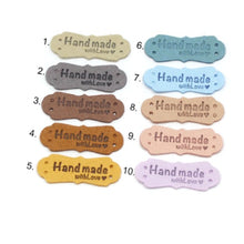 Load image into Gallery viewer, Fancy Frame Handmade with Love Pu Leather Tag Label Tan Brown Gray Yellow Periwinkle Pink Blue