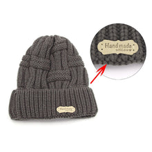 Load image into Gallery viewer, Handmade with Love Pu Leather Tag Label Tan Brown Gray Yellow Periwinkle Pink Blue on Knit Hat