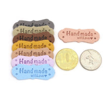 Load image into Gallery viewer, Handmade with Love Pu Leather Tag Label Tan Brown Gray Yellow Periwinkle Pink Blue Size