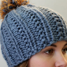 Load image into Gallery viewer, Blue Chunky Farrow Stitch Hat Pattern copyright Loomahat
