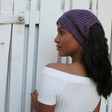 Load image into Gallery viewer, Loom Knit Pattern Scarf Headband Ear warmer for messy bun dreadlocks made on 41 Peg loom by Loomahat Copyright