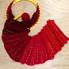 Load image into Gallery viewer, Loom Knit Large Double Eyelet Infinity Scarf Pattern using a 36 peg loom and red worsted red yarn. Copyright Loomahat