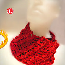 Load image into Gallery viewer, Loom Knit Large Double Eyelet Infinity Scarf Pattern using a 36 peg loom and red worsted red yarn. Copyright  Loomahat
