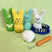 Load image into Gallery viewer, Loom Knit Easter Marshmallow Bunny Rabbit Peeps Project Pattern made with 24 peg circular loom
