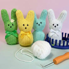 Load image into Gallery viewer, Loom Knit Easter Marshmallow Bunny Rabbit Peeps Project Pattern made with 24 peg circular loom