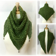 Load image into Gallery viewer, Loom Knit Triangle Scarf Project Pattern made with a 41 peg round loom with green boucle yarn. Can be done wih any shape loom. Has video tutorial. Copyright Loomahat