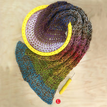 Load image into Gallery viewer, Loom Knit Market Purse Pattern Project. Made on a 41-peg round loom with worsted weight yarn and embroidery floss. Copyright Loomahat