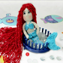 Load image into Gallery viewer, Loom Knit Mermaid Doll Pattern on 24 Peg Loom Knit Copyright Loomahat