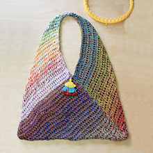 Load image into Gallery viewer, Loom Knit Market Bag Purse Pattern Project. Made on a 41-peg round loom with worsted weight yarn and embroidery floss. Copyright Loomahat
