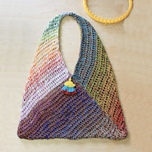 Load image into Gallery viewer, Loom Knit Market Bag Purse Pattern Project. Made on a 41-peg round loom with worsted weight yarn and embroidery floss. Copyright Loomahat