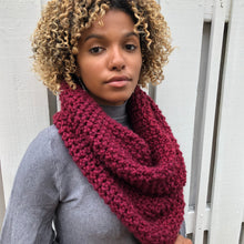 Load image into Gallery viewer, Loom Knit and Purl in 8 Eight Oversized Cowl Scarf Project Pattern made on a 41 peg round loom with Lion Brand Hometown USA Super Bulky in Tampa Spice colorway. Copyright Loomahat