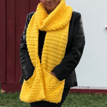 Load image into Gallery viewer, Garter and Seed Stitch Loom Knit Scarf with Pockets Project Pattern . Made on 41 Peg Knitting Loom with Bernat Softee Baby Chunky Yarn in Yellow Buttercup colorway.  Copyright Loomahat
