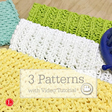 Load image into Gallery viewer, Loom Knit Stitches Dishcloth Washcloth Patterns with Video Tutorial . Projects made with worsted weight yarn on round 24 peg knitting loom. Copyright Loomahat