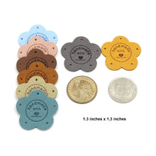 Load image into Gallery viewer, Handmade with Love Leather Tag Label Flower Gray Pink Blue Brown Tan Yellow Musterd