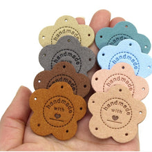 Load image into Gallery viewer, Handmade with Love Leather Tag Label Flower Gray Pink Blue Brown Tan