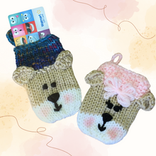 Load image into Gallery viewer, Loom Knit Teddy Bear Gift Card Holder. Made on a 24 peg roung loom with Red Heart scrap yarn. Copyright Loomahat