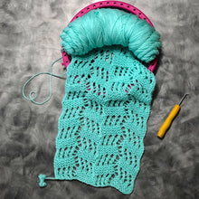 Load image into Gallery viewer, Loom Knit Tilted Blocks Stitch Pattern in Seafoam Green Red Heart Yarn