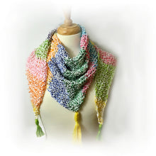 Load image into Gallery viewer, Loom Knit Triangle Scarf Project Pattern made with a 41 peg round loom with cotton yarn and embroidery floss.. Can be done wih any shape loom. Has video tutorial. Copyright Loomahat