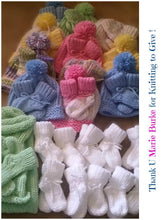 Load image into Gallery viewer, Loom knit baby booties socks pattern. Made with Red Heart worsted weight yarn on 24 peg loom. Copyright Loomahat