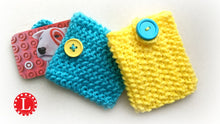 Load image into Gallery viewer, Loom Knit Seed Stitch Gift Card Holder. Made on a 24 peg roung loom with Red Heart scrap yarn. Copyright Loomahat