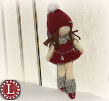 Load image into Gallery viewer, Loom Knit Doll with Hat, Cowl and Leg warmers Project Pattern. Made on a 24 peg round loom. Copyright Loomahat