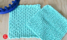 Load image into Gallery viewer, Loom KNit Seed Stitch Dishcloth pattern with video tutorial on a 24 peg loom . Copyright Loomahat