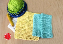 Load image into Gallery viewer, Three Loom Knitting Dishcloth Patterns / Wash cloth / Bath cloth / Wash Towel made on the 24 peg and cotton worsted weight yarn. Project has video tutorial Copyright Loomahat